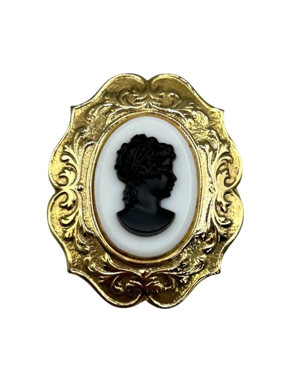 Vintage Black And White Glass Cameo Pin Brooch Ornate Gold Tone Frame Setting